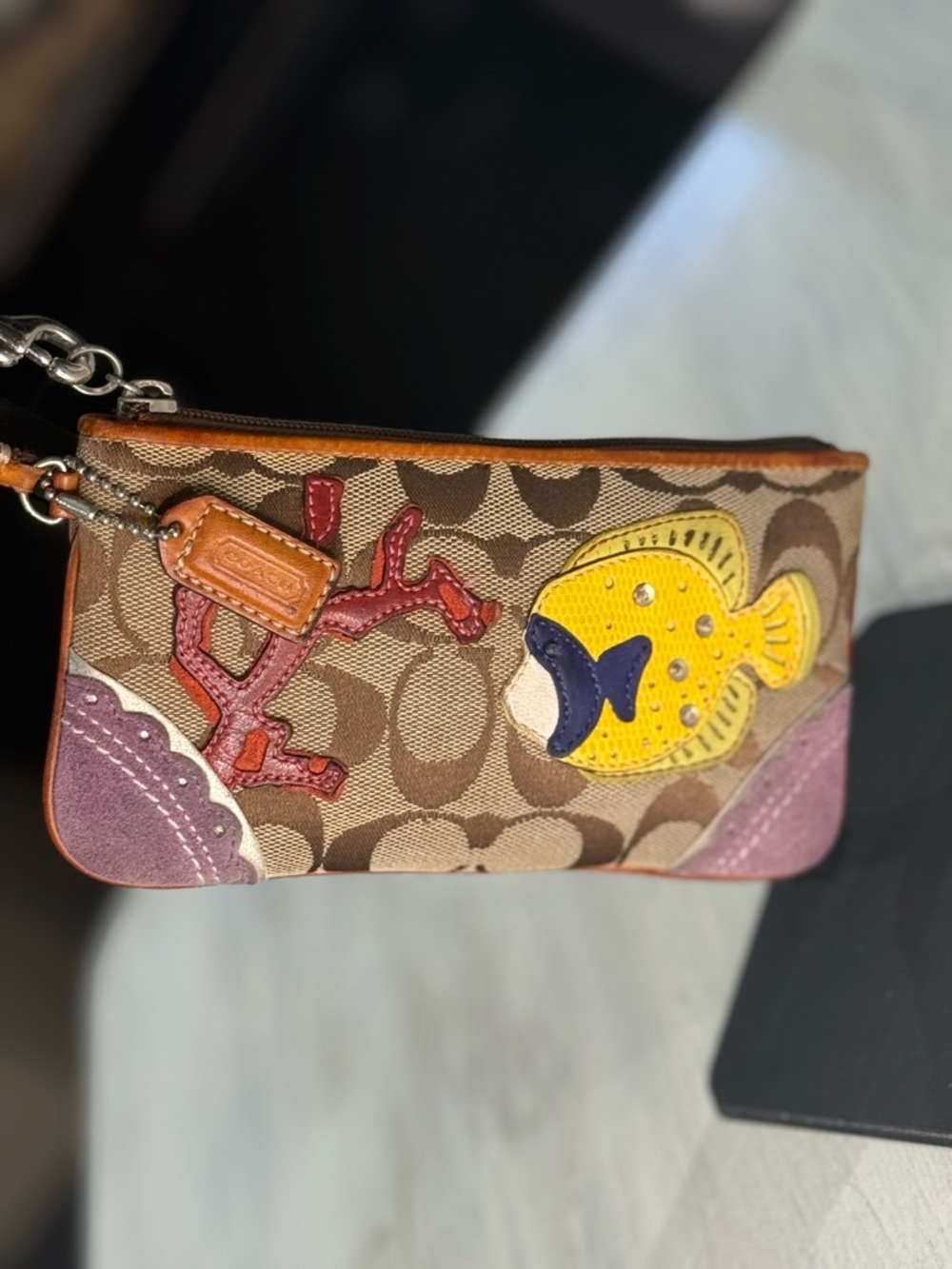Rare Vintage Coach Canvas Wristlet with Fish Applique - Tan & Yellow